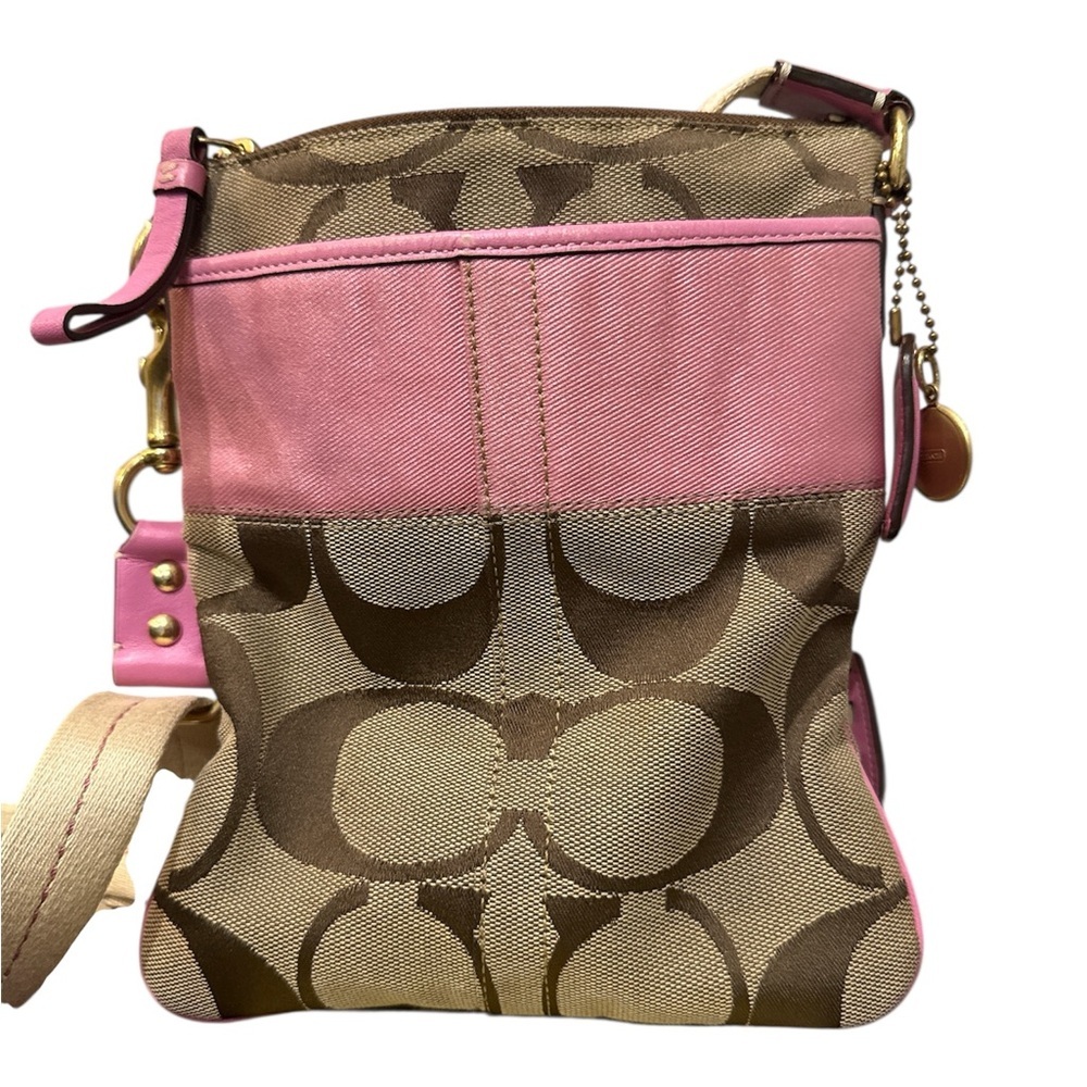 Coach Pink Tan Signature Crossbody Bag Hangtag purse designer handbag vintage - Picture 1 of 9